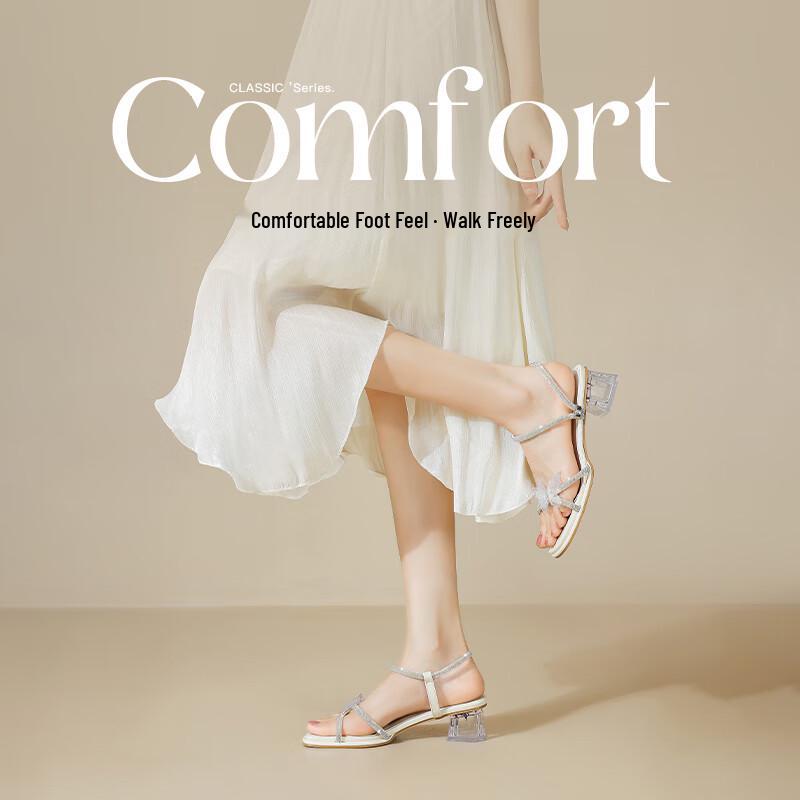 ZHR Women's Transparent Crystal Bow Chunky Heel Sandals