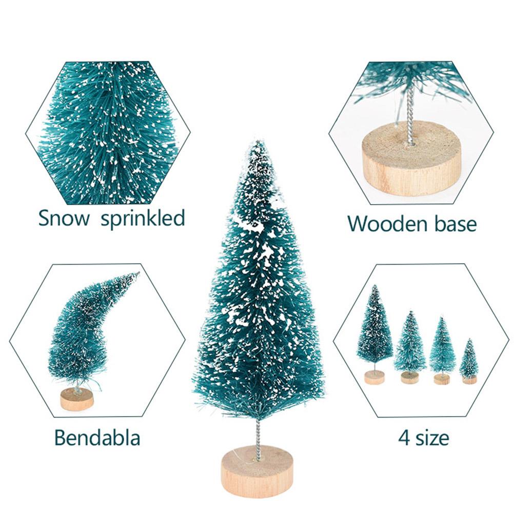 8PCS Mini Christmas Pine Tree Decorations with Wooden Base Sisal Silk Bottle Brush Trees For Xmas Party Happy New