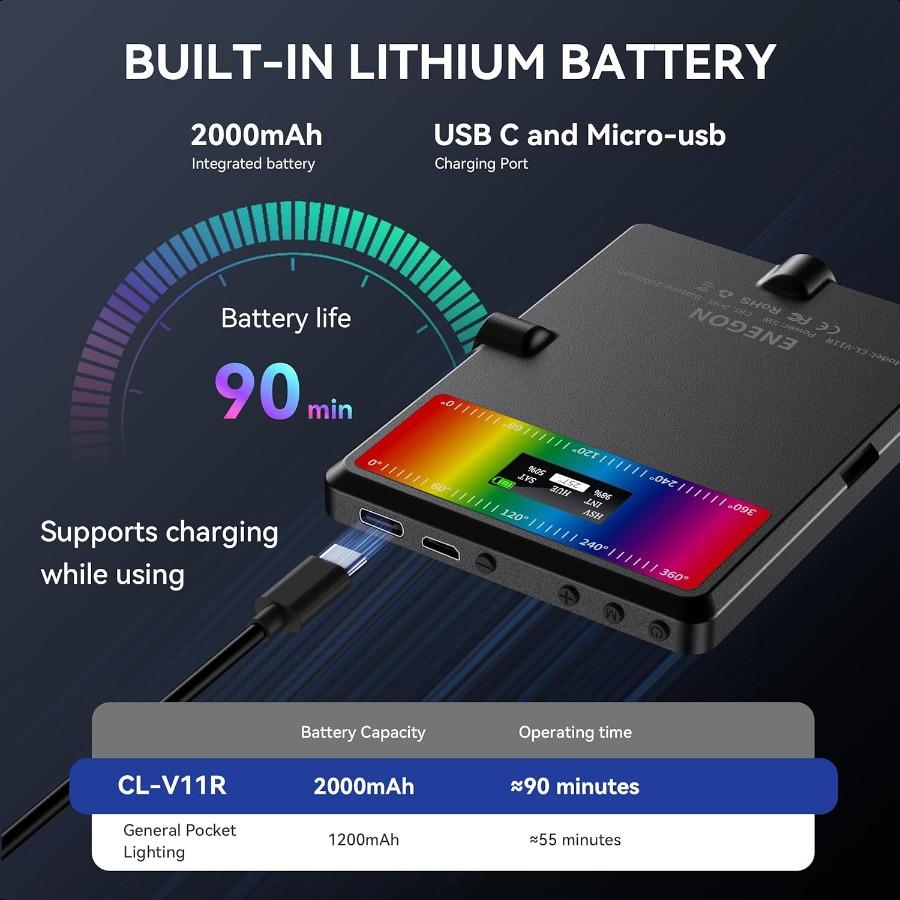 

ENEGON RGB Селфи-лампа 360 Полный цвет RGB Видеосвет с 24 эффектами 78 LED 2000 мАч Перезаряжаемая CRI 95+ и 2500K9000K CCT P United States