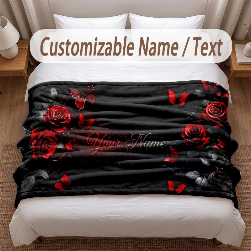 Rose Floral Theme Soft Blanket Personalized Custom Name Text Print Warm Blanket Home Sofa Bedroom Decor