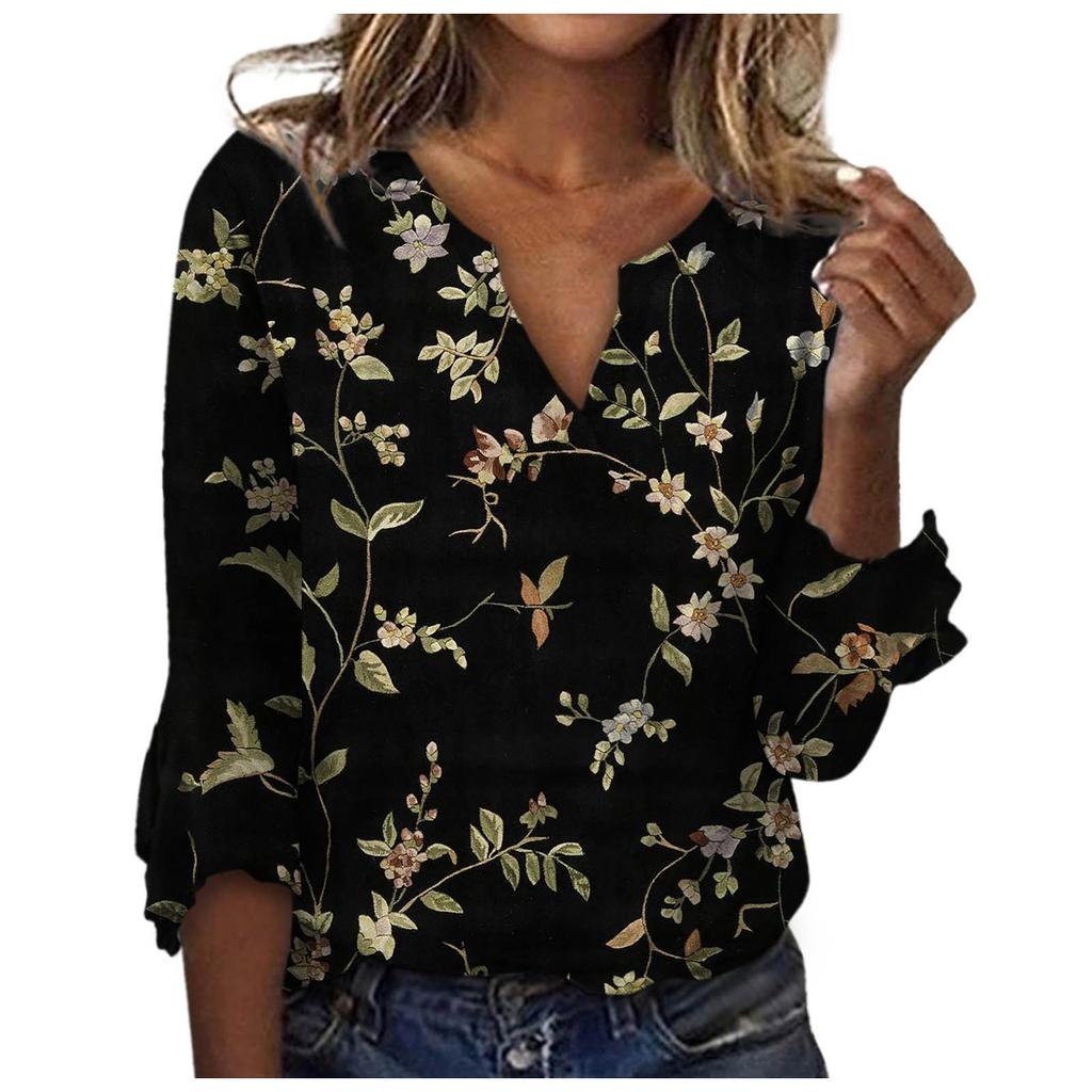 Women's Loose Casual Three-quarter Sleeves V-neck Lace Floral Print T-shirt Top