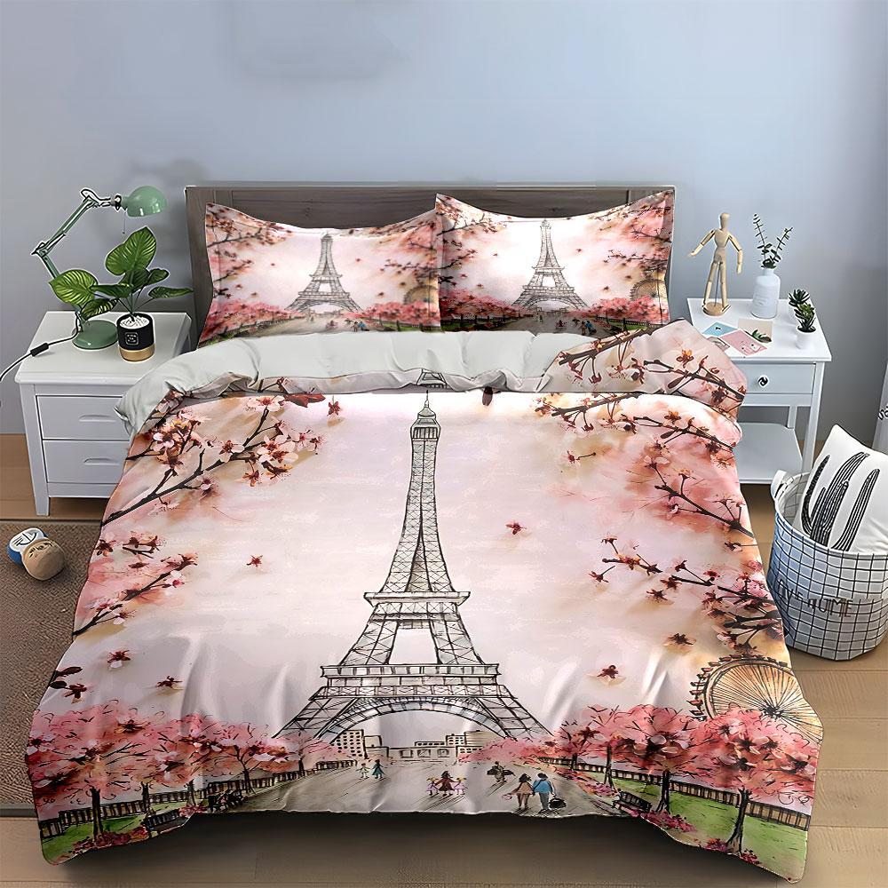 Eiffel Tower with Cherry Blossoms Bedding Duvet Cover Set Duvet Cover Pillowcases (1*Duvet Cover 2*Pillowcases, without duvet insert)