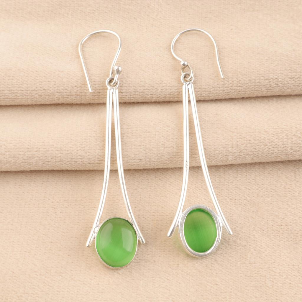 Natural Green Cat's Eye Gemstone 925 Sterling Silver Handmade Hook Earrings2.63" EE-136-35