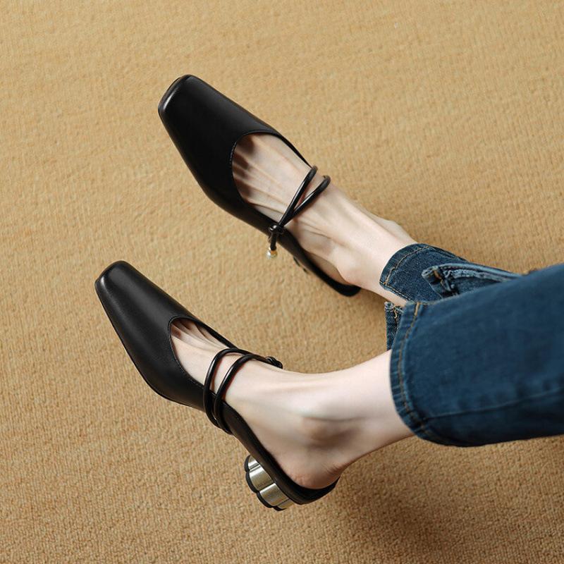 Summer European and American fashion women's bag head slippers new soft bottom size cool slippers square head medium heel slippers