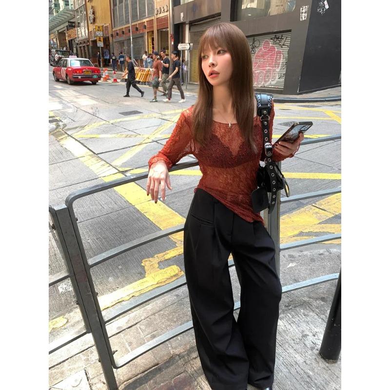 KOSY  Sexy Lace Tshirts Women Long Sleeve See Through Irregual Vintage Tops Streetwear Fairycore Splits Y2k Tee Tops