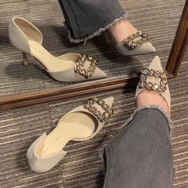 Black Small High Heels Female Cat Heel Not Tired Feet Pointed 2025 New French Rhinestone Square Buckle Hollow Shallow Mouth Spring and Summer