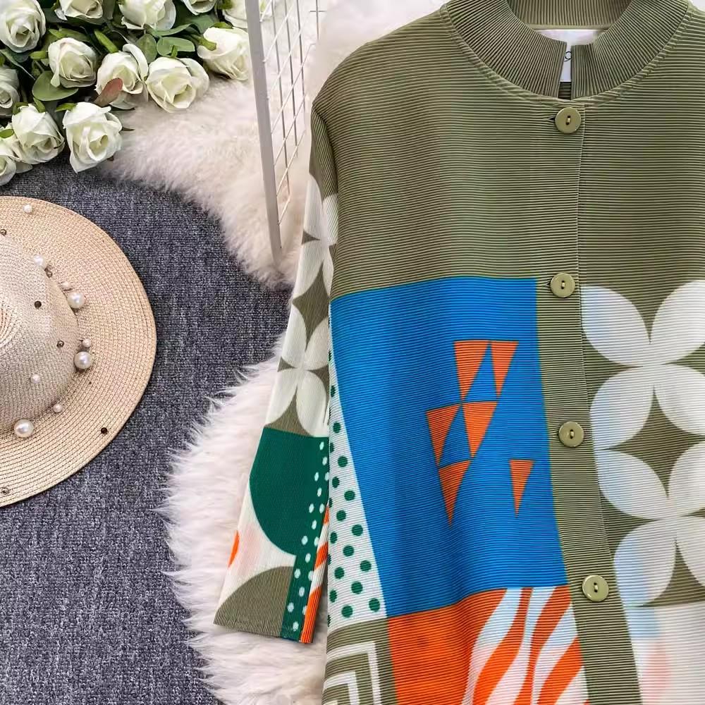 Autumn Spring Fashion Print Colorblock Oversized Loose Shirt Dresses Women's Single Breasted Draped Pleated Party Miyake Clothing