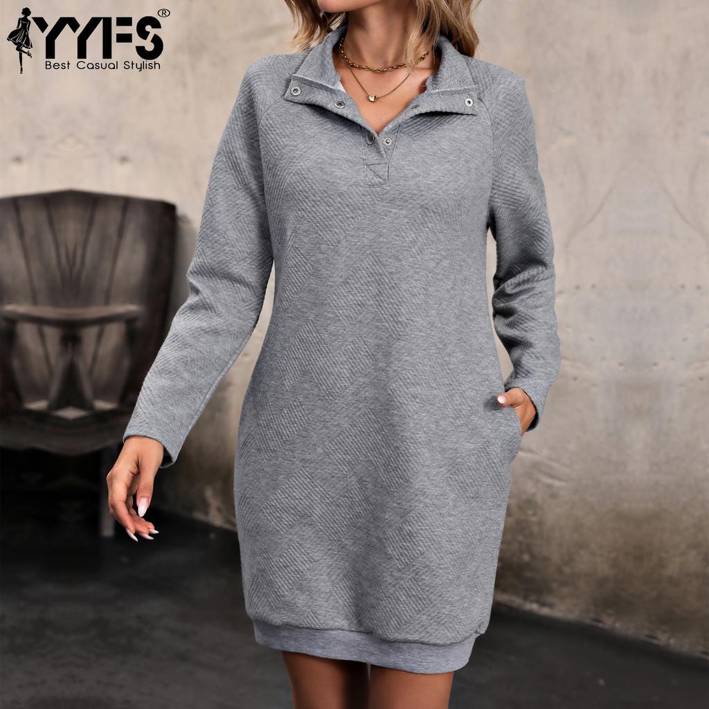 YYFS Women's Fashion Autumn Winter Solid Color Print Long Sleeve Stand-collar Sweaters Casual Dresses