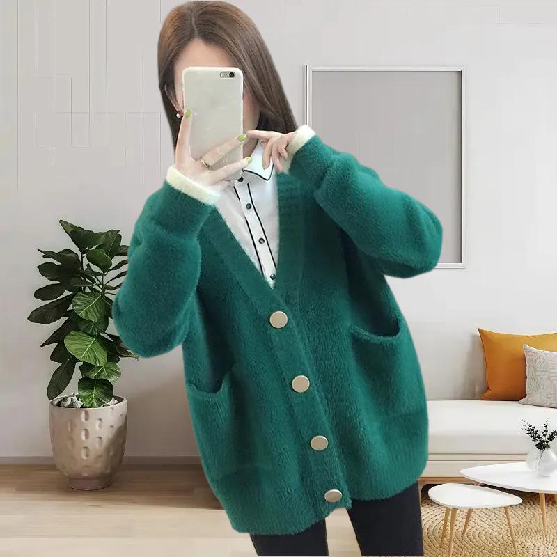 Fashion Casual Loose Imitation Mink Sweater Women's Autumn and Winter Temperament Elegant Wind Pocket Knitted Sweater Top Coat