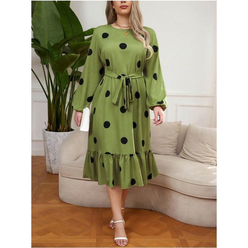 

XL-4XL Women Dress Ladies Skirt Polka Dot Slimming Lace-up Plus size Lotus Leaf Dress Women Green XL