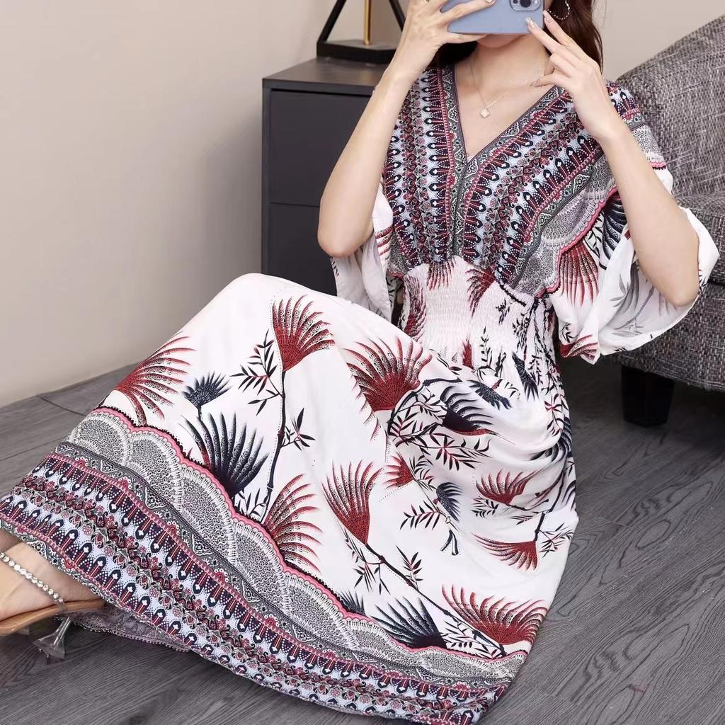 Ethnic Style V-neck Cotton and Silk Short-sleeved Beach Dress Thailand Travel Dress Summer Print Vacation Floral Skirt