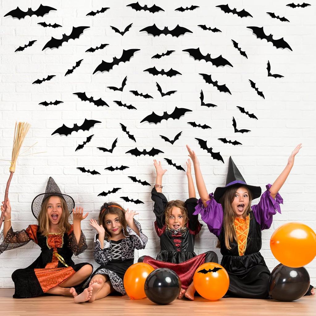 NEBURORA 36 Pcs Halloween Bats Wall Decor Realistic PVC Black 3D Scary Bat Sticker 4 Different Sizes Spooky Wall Decal for Home Kitchen Bathroom