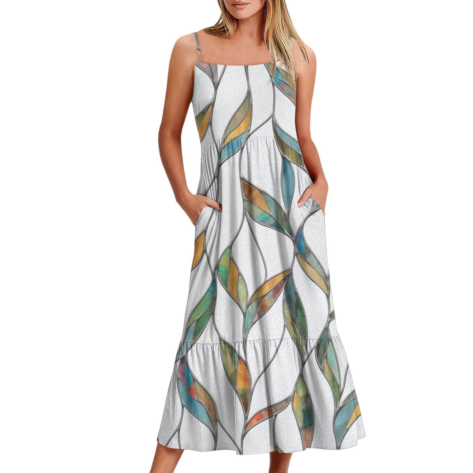 

Женское длинное пляжное повседневное элегантное платье макси на тонких бретельках с цветочным принтом, струящееся платье в стиле бохо XXL