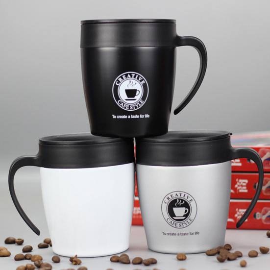 1 Set 330 ml Thermobecher mit Griff, doppelwandig, auslaufsicher, weite Öffnung, rostfrei, verbrühungshemmende Isolierflasche