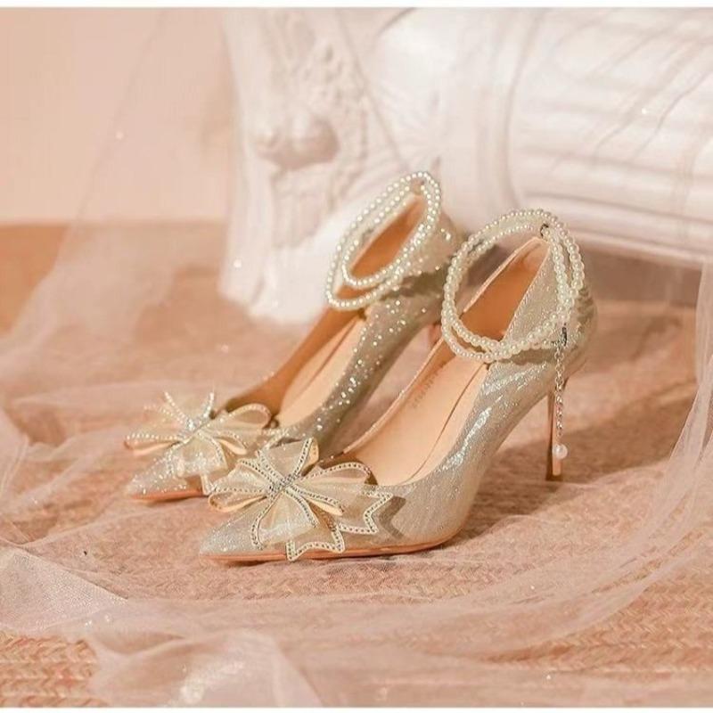 Silver High-Heeled Shoes Fairy Women's -Old Adult Gift Crystal Wedding Shoes Bride Shoes New Style French Thin Heel Singl