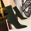 Fashion Pointed Toe Stretch Short Boots Women Thick Heel 2024 New Winter Flock Mid-Calf Knight Boots Retro Pleated Warm Botas Mujer