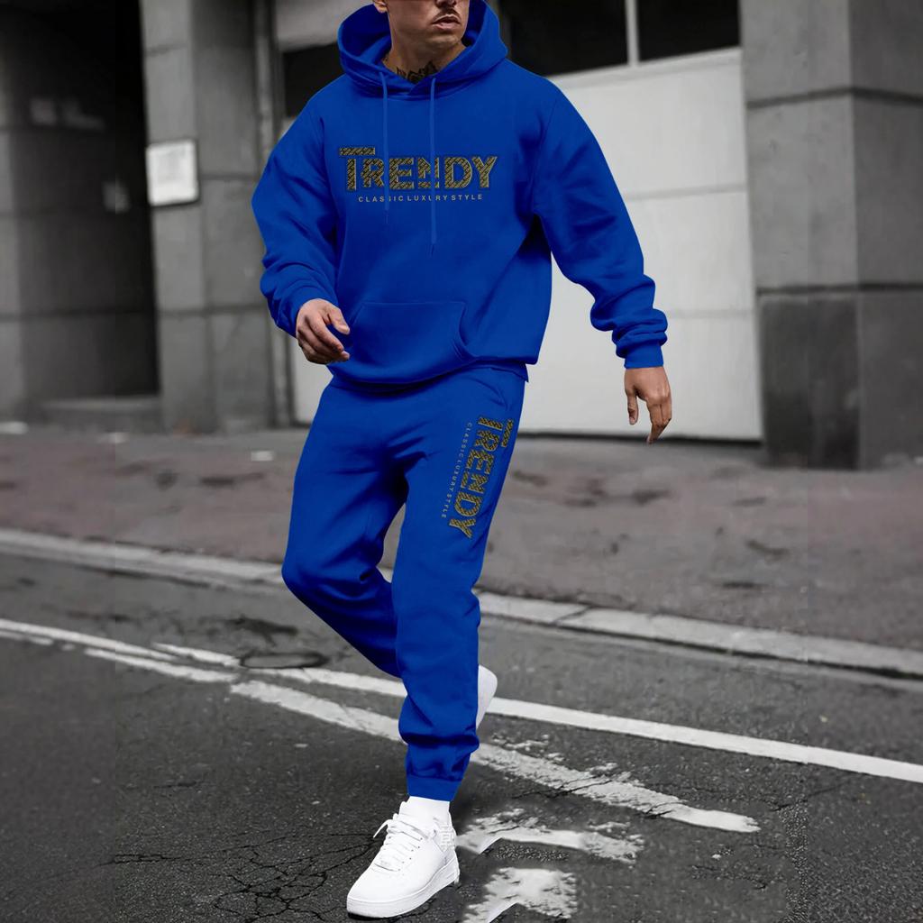 Men's Casual Solid Color Letter-printed Sweatshirt Set, Men's Fleece Hooded Drawstring Sweatshirt And Sweatpants Two-piece Set