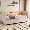 Sofá cama multifuncional 90x190 cm con cama extraíble, puerto USB-C, ambiente LED, funda de terciopelo – para salón, habitación de invitados o habitación juvenil. Beige