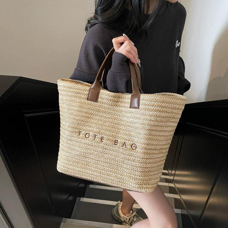 Women's Large Capacity Woven Tote Bag Fashion Letter Pattern Shoulder Bag Soft Versatile Commute Shopping Bag