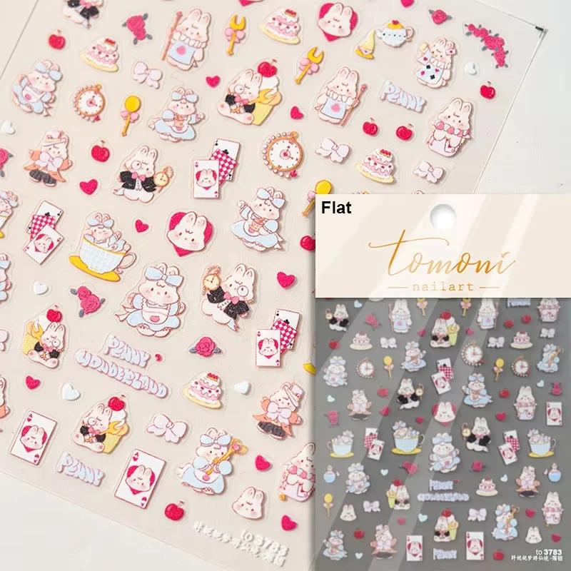 Cute Animals Bear Dog Cake Sweet Cherry Grid Bowknot Star Line Fruit Relief Self Adhesive Nail Art Stickers 5D Manicure Decals