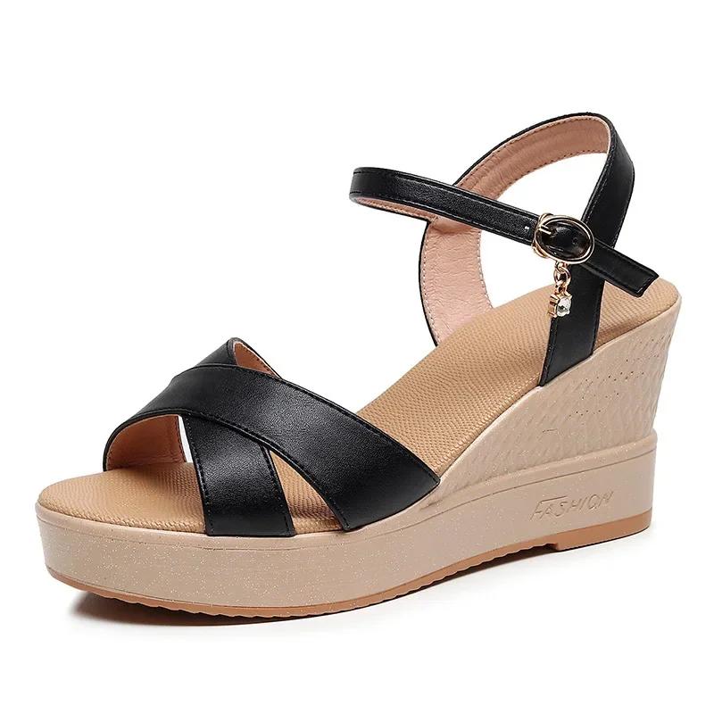 

8см Удобные Туфли на Платформе с Толстой Подошвой Летние 2025 Женские Сандалии из Мягкой Кожи на Высоком Каблуке для Офиса Пляжа Мамы 41 чёрный