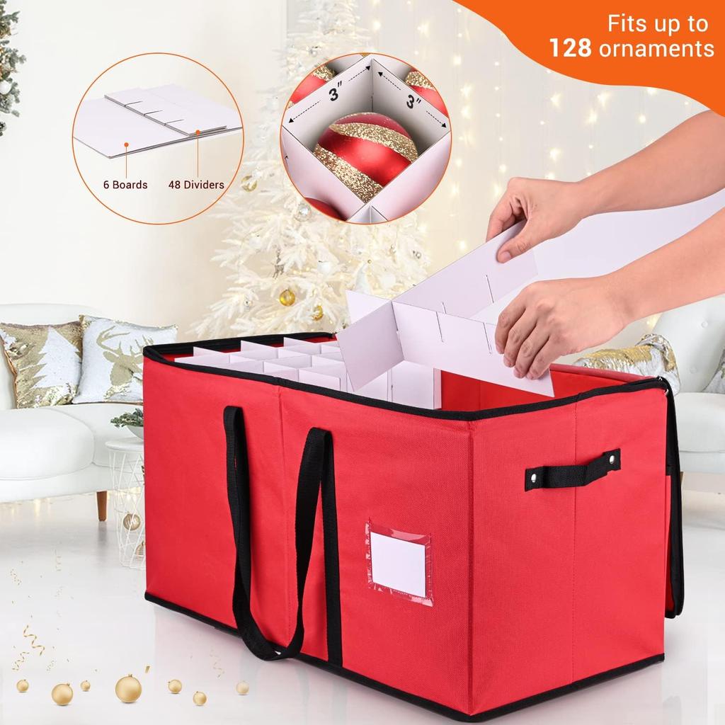 Christmas Ornament Storage Box, Xmas Decoration Organizer with Adjustable Dividers - Storage Container Keeps