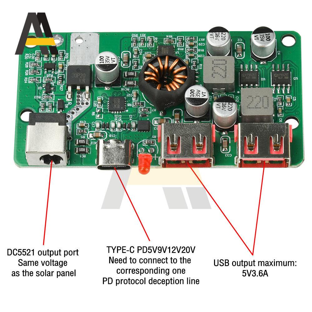 PD 100W Solar Voltage Regulator Controller with Type-C PD & Dual USB Fast Charging for Solar Panels DIY Power Module