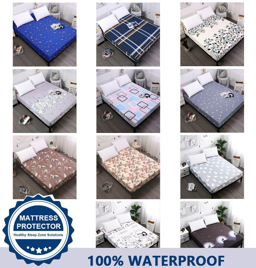 Floral Printed Waterproof Mattress Protective Cover Ideal For Babies And Pets 30cm Depth