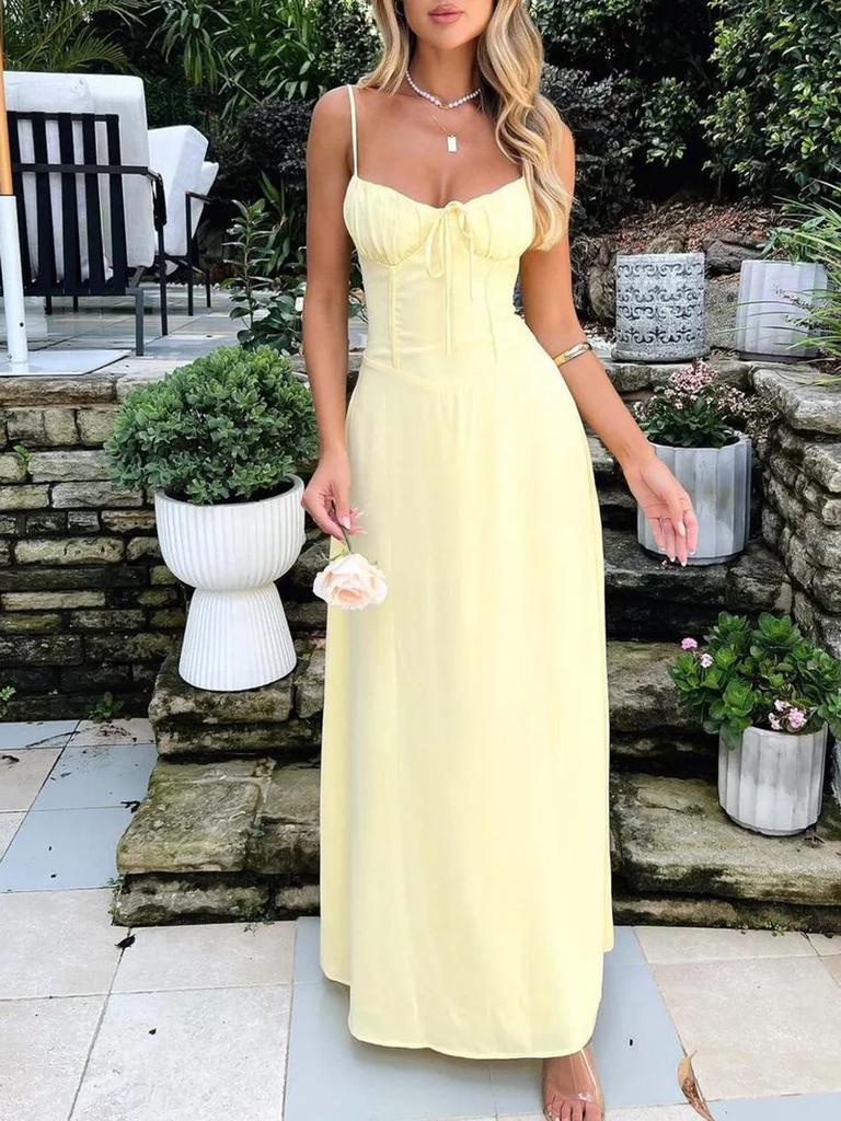 2026 Elegant A-line Lace-up Midi Dress for Women - Solid Color