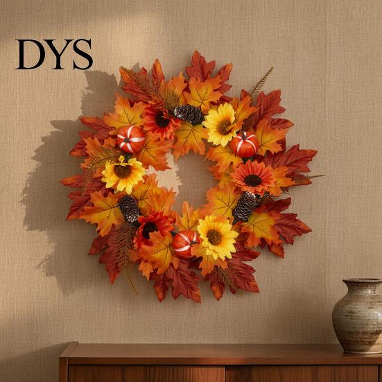 All Season Floral Decor Fall Sunflower Maple Leaf Wreath with Pumpkin Pinecone, Thanksgiving Harvest Artificial Wall Hanging Ornament Wreath,