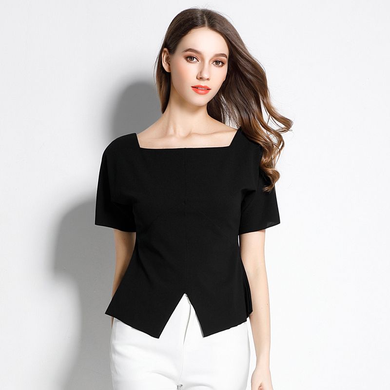 

Лето 2025 Новое поступление Женская приталенная футболка с коротким рукавом Элегантная универсальная для работы Плюс размер Минималистичный топ футболка Short-sleeved one-word collar black M
