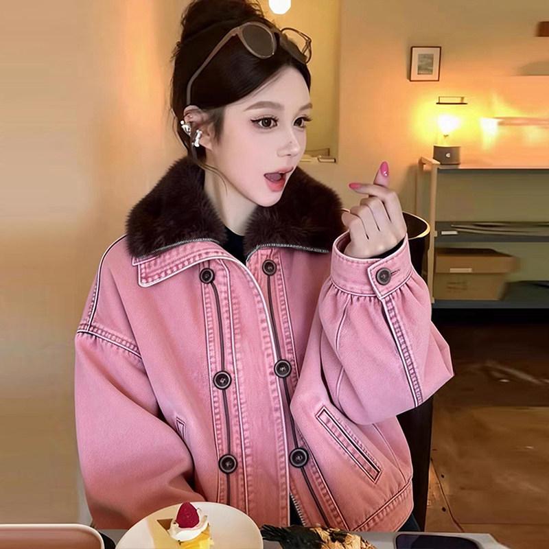 Women's American-Style Pink Denim Fur Collar Jacket - Short, Thick, and Beautiful Winter Coat.