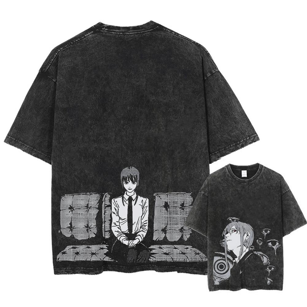 Chainsaw Man Anime Manga Koszulka Washed z Krótkim Rękawem Oversize T-Shirty Nowość Męskie Topy Streetwear z Nadrukiem