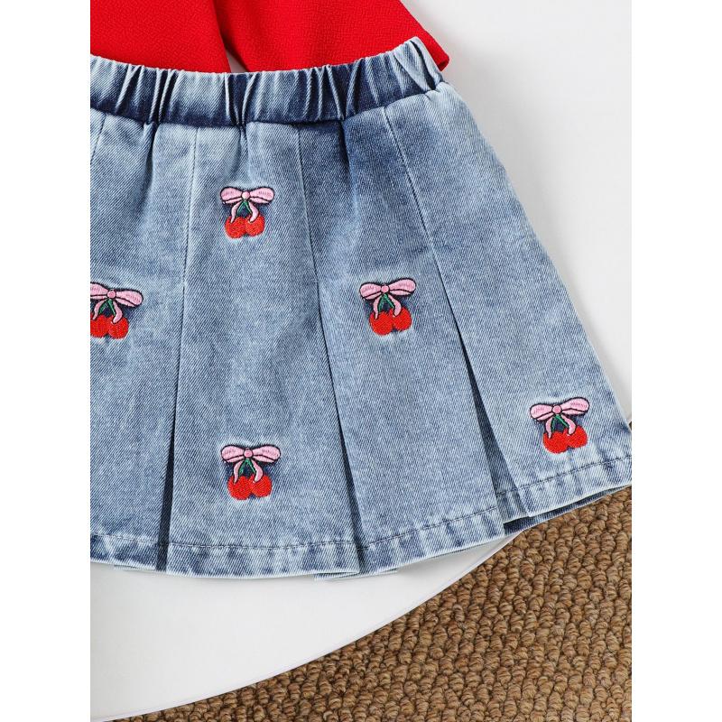 Spring and Autumn New Style Infant Toddler Girl Red Long Sleeve + Cherry Print Denim Skirt Set