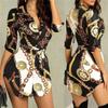 Women Blouse Print Short Sleeve V-neck Button Sexy Ladies Blouse Summer Long Elegant Shirt Hot Sale Clothing