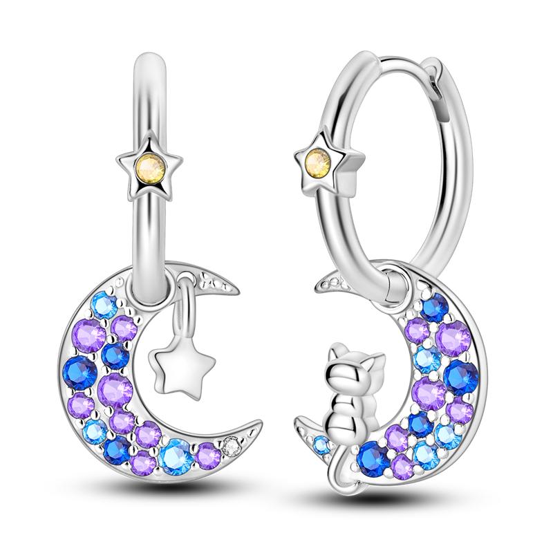 925 Sterling Silver Hoop Earrings Closely Set Purple Zircon Iris Butterfly Star Moon Cat Earrings for Women Fashion Jewelry Gift