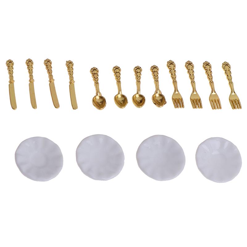 12Pcs/Set Vintage Dollhouse Miniatures Tableware Ceramic Plate Knife Fork Spoon