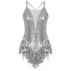 Womens Latin Dance Costume Sparkling Sequins Fringed Leotard with Elegant Cross Back Bodysuit Design