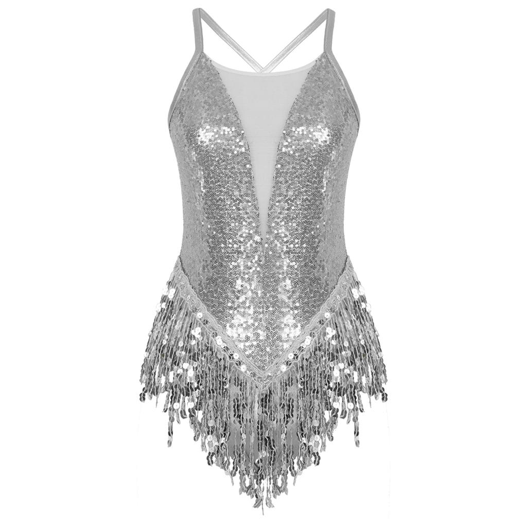 Womens Latin Dance Costume Sparkling Sequins Fringed Leotard with Elegant Cross Back Bodysuit Design