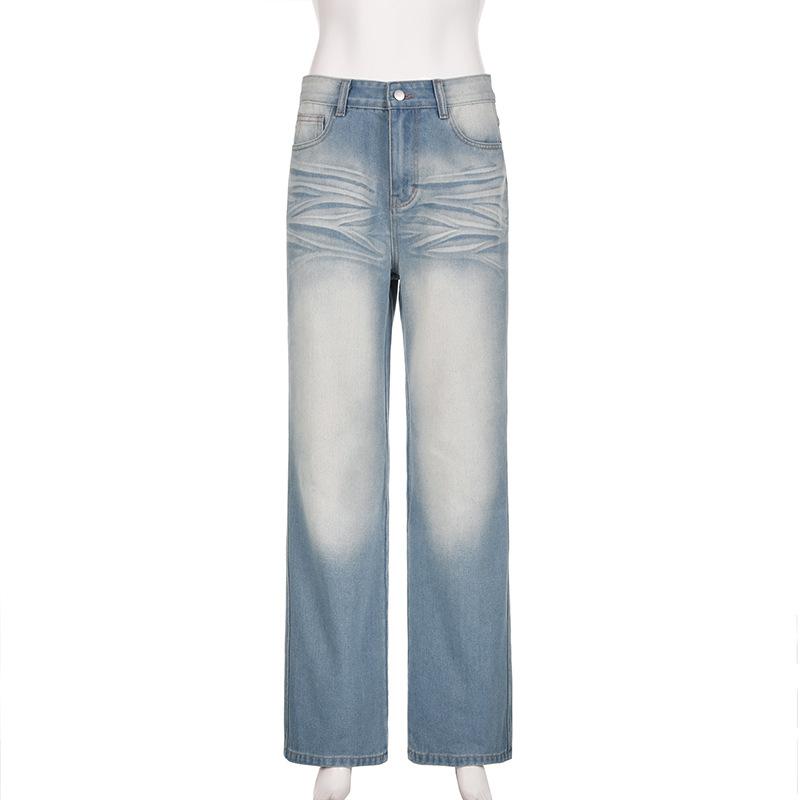 

Карманы на молнии Свободные широкие джинсы для женщин Модные винтажные синие прямые джинсовые брюки Женские повседневные брюки с высокой талией 24356 L светло-синий