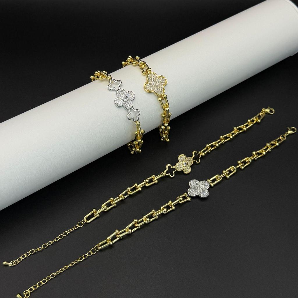 T Brand U-Shaped Horseshoe Clasp Zircon Four-Leaf Clover Bracelet: European & American Light Luxury Fashion Jewelry