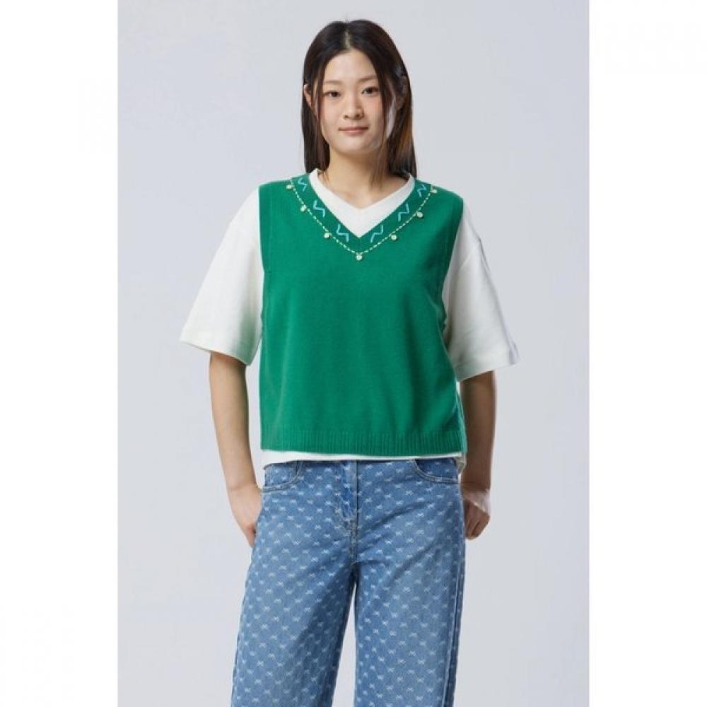 Benetton Stitch V Neck Knit Vest bakV01611 GN (green)/OS