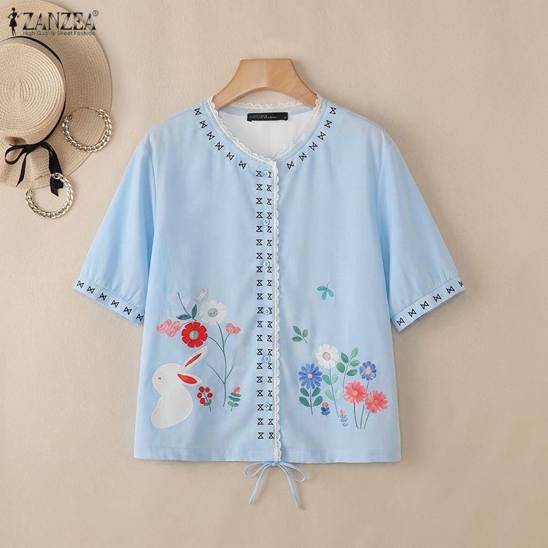 ZANZEA Women Casual Round Neck Loose Short Sleeve Floral Blouse