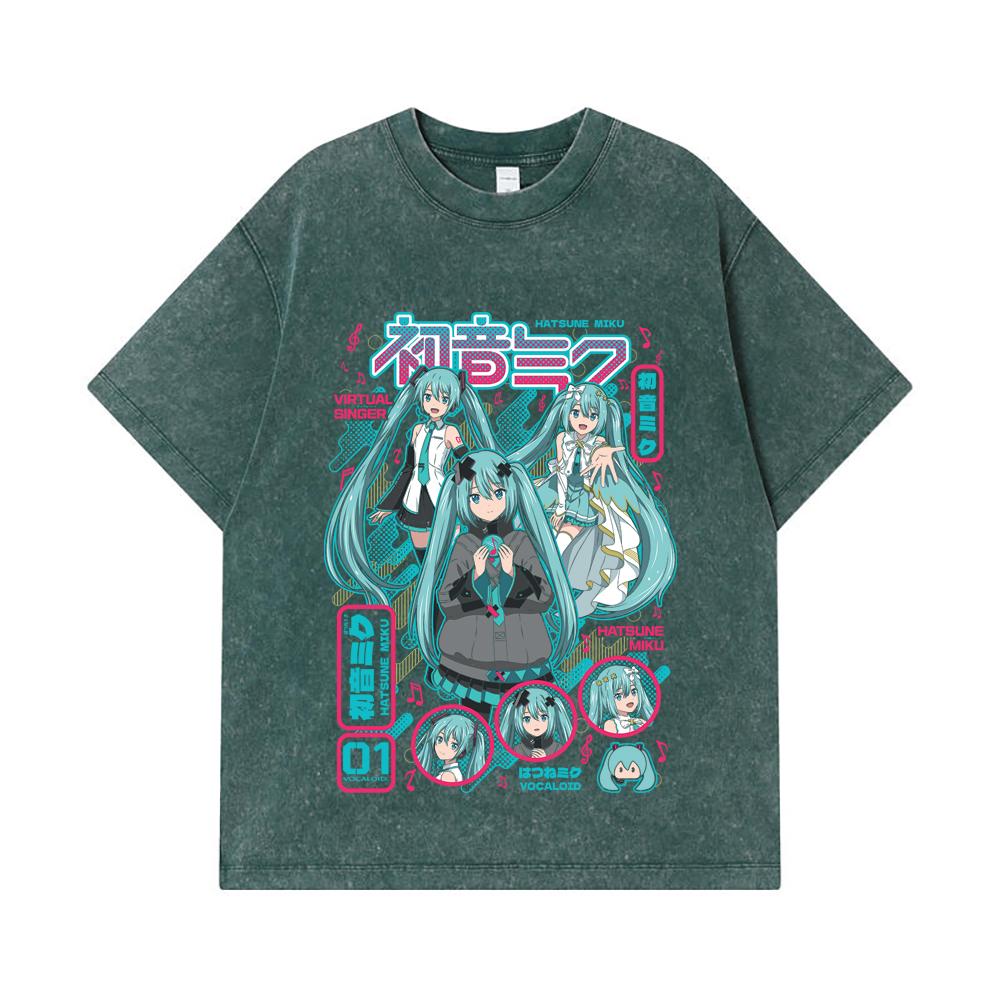 275 GSM Washed T-shirts 100% Cotton Vocaloid V1 Hatsune Miku Print Unisex Heavy Cotton T Shirt