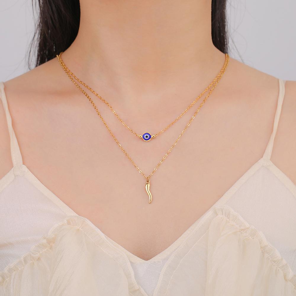 Dawapara Italian Horn and Blue Evil Eye Charm Necklace Double Layer Women Necklace Spiritual Protection Amulet Religious Jewelry