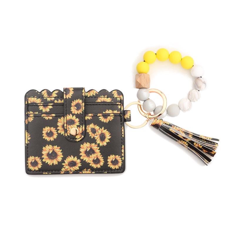 Leopard Print Silicone Bead Bracelet Wallet with PU Leather Tassel Keychain