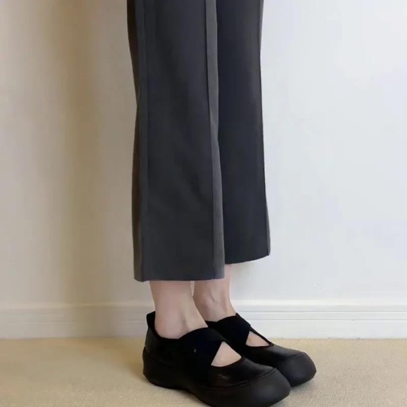 Retro Sport Thick Heel Mary Jane Ballet Flats Round Toe Women's Low Cut Single Shoes Rubber Sole Spring Autumn Pure Color