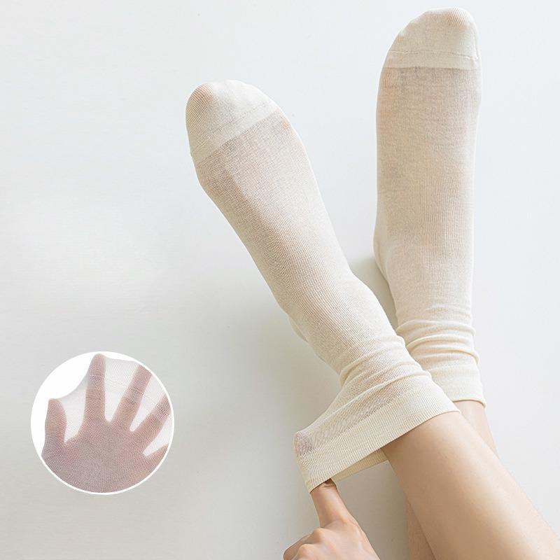 Summer Thin Mulberry Silk Socks, Solid Color Mesh, Breathable, Boneless, Odorless, Antibacterial, Women's Mid-leg Socks