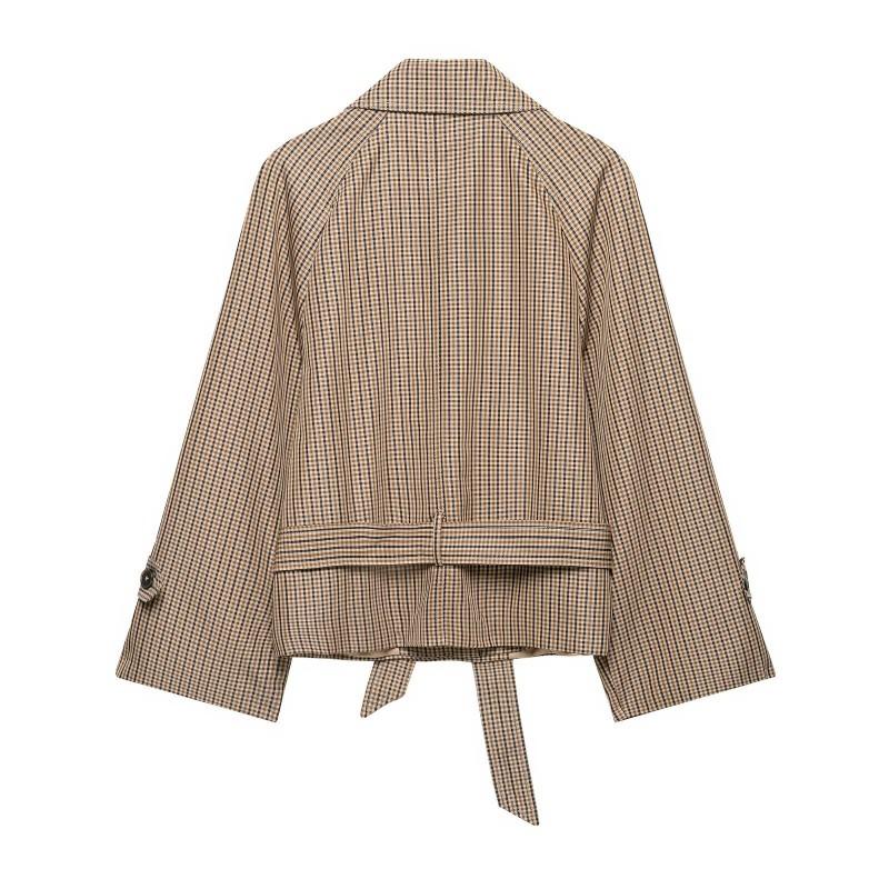 2026 Womens Plaid Short Trench Coat Double Breasted Casual Streetwear Outerwear