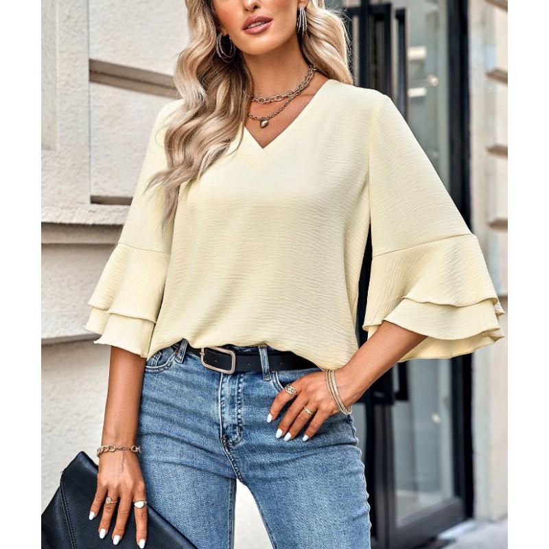 Womens Loose V-Neck Ruffle Sleeve Casual Top - Solid Color Breathable Stretch Fabric Short Blouse Daily Wear